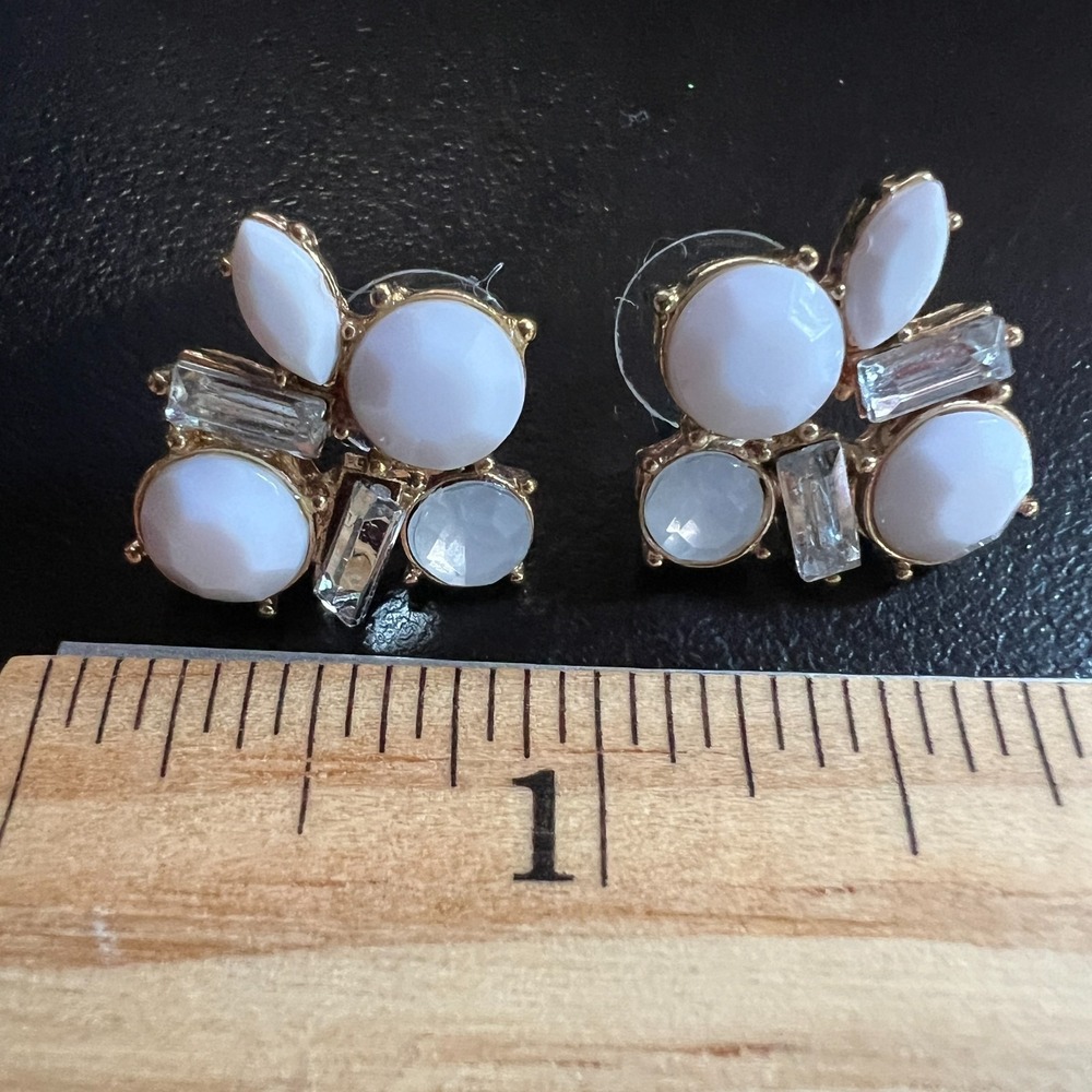 Gold Tone White Cluster Statement Post Earrings Clear Baguette Stones - Picture 5 of 7